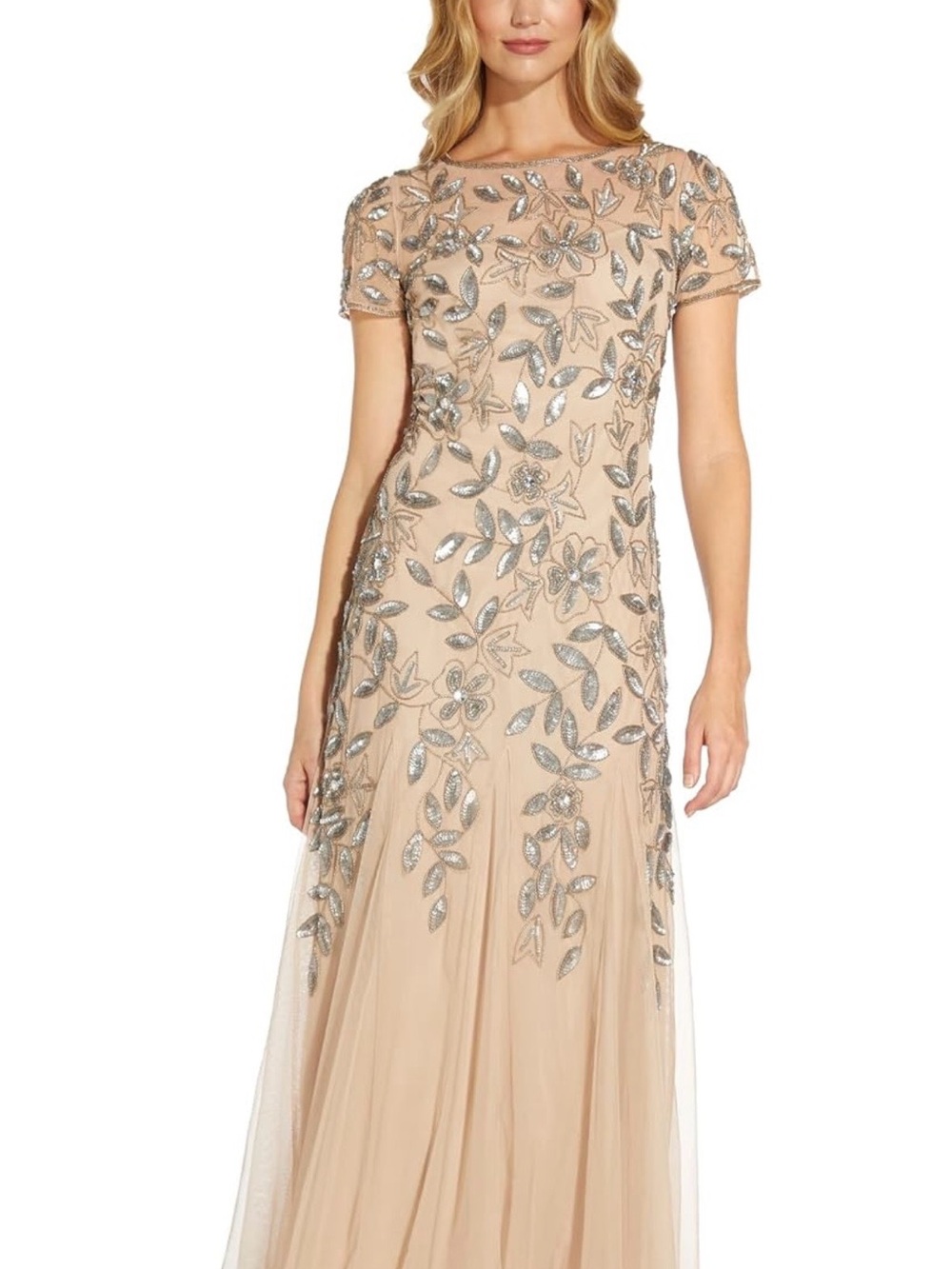 $400 Adrianna Papell hand-beaded Champagne Evening gown 10-12